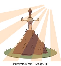 Blade en la roca. Los rayos del sol caen sobre una antigua espada que sobresale de la piedra. Un arma te está esperando. Dibujo de dibujos animados planos vectoriales.