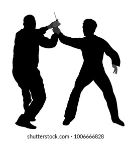 Blade self defense battle vector silhouette illustration isolated. Man fight against aggressor with knife. Street fighter situation. Combat for life against terrorist. Army skill policeman arrest.