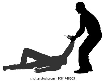 Blade self defense battle vector silhouette illustration isolated. Man fight against aggressor with knife. Street fighter situation. Combat for life against terrorist. Army skill policeman arrest.