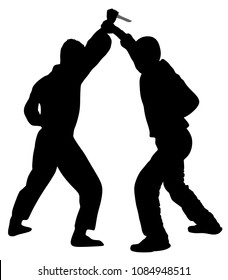 Blade self defense battle vector silhouette illustration isolated. Man fight against aggressor with knife. Street fighter situation. Combat for life against terrorist. Army skill policeman arrest.