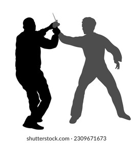 Ilustración de silueta vectorial de combate autodefensa de hoja aislada. El hombre lucha contra el agresor con cuchillo. Situación de los luchadores callejeros. Combate por la vida contra el terrorismo. Arrestan a policía de habilidades del ejército.