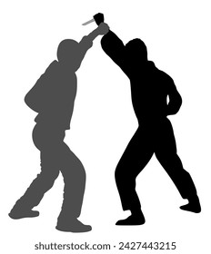 Ilustración aislada de la silueta del vector de la batalla de la autodefensa de la cuchilla. Hombre lucha contra agresor con cuchillo. Situación de Street Fighter. Combate de por vida contra el terrorismo. Arresto de policía con habilidad militar.