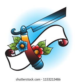 Blade for shaving, flowers and banner-ribbon illustration in the style of old school tattoos.