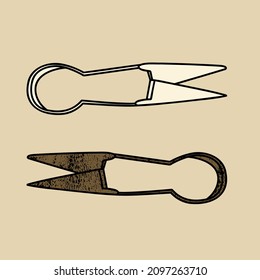 Blade shears, wool scissors - hand drawn vector illustration. Isolated objects. Flat color design.