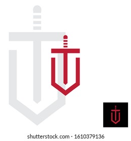 blade and shield on letter T logotype