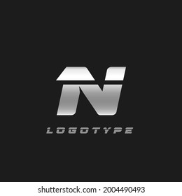 Blade silver letter N, bold italic cropped monogram. Aluminium iron metallic vector emblem for auto repair shop or automotive and race service modern logo.