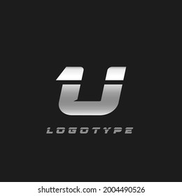 Blade silver letter U, bold italic cropped monogram. Aluminium iron metallic vector emblem for auto repair shop or automotive and race service modern logo.