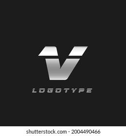 Blade silver letter V, bold italic cropped monogram. Aluminium iron metallic vector emblem for auto repair shop or automotive and race service modern logo.