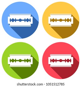 blade. simple silhouette. Set of white icons with long shadow on blue, orange, green and red colored circles. Sticker style
