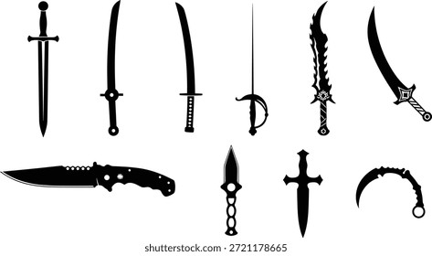 Conjunto de Vectores de silueta de arma cuchillada, estilos de espada y cuchillo, íconos negros, diseño histórico y de fantasía, ilustración táctica, gráficos de herramientas con bordes