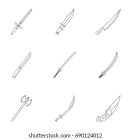 Bladed weaponicon set. Outline style set of 9 cold weapon vector icons for web isolated on white background