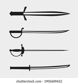 Bladed weapons set isolated on gray background. Sword saber epee black silhouette collection
