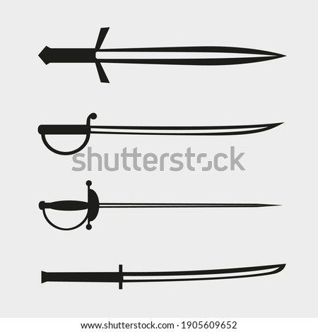 Bladed weapons set isolated on gray background. Sword saber epee black silhouette collection
