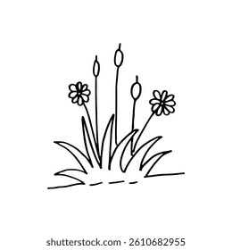 Blades of grass with flower plants ground, hand-drawn doodle vector.