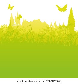 Blades of grass, little town and tourism