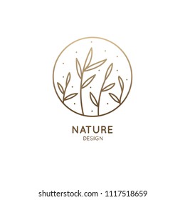 Blades of grass logo. Round emblem plant in a circle n linear style. Vector abstract badge for design of natural products, flower shop, cosmetics, ecology concepts, health, spa, yoga Center.