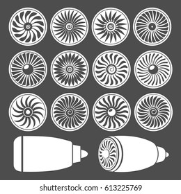 Blades Of Turbines Of The Engine Of The Plane, Monochrome Icons.