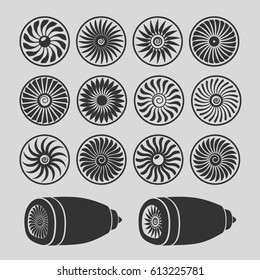 Blades of turbines of the engine of the plane, monochrome icons.