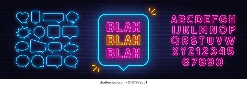 Blah neon sign in the speech bubble on brick wall background.