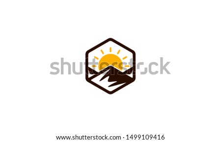 Blak yellow Mountain Peak Sun with Cube Box Hexagon Logo Design Inspiration