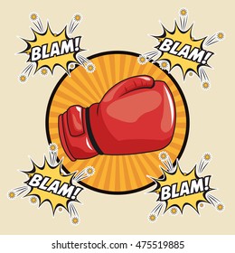 blam explosion glove boxing cartoon pop art comic retro communication icon. Colorful striped circle design. Vector illustration