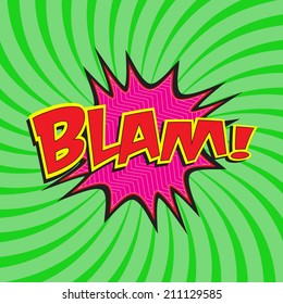 BLAM! wording in comic speech bubble in pop art style on burst background