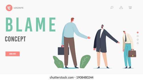 Blame Concept For Landing Page Template. Sneaky Business Man Shift The Blame On Confused Businessman Scapegoat Character At Workplace Front Of Boss Face, Blaming. Cartoon People Vector Illustration