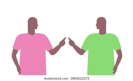 Blame game concept with two male silhouettes pointing fingers at each other. Mutual accusation depicted. Illustration of arguing men. Responsibility shifting visualization characters. Isolated vector
