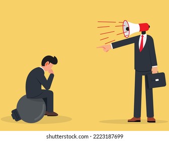 Blame other people, displeased manager concept. furious businessman boss megaphone head shouting complaint on everything.