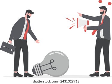 Blame other people, displeased manager concept. furious businessman boss megaphone head shouting complaint on everything.

