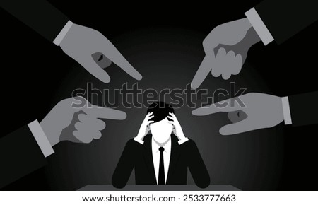 Blame and Pressure Concept – Stressed Businessman Surrounded by Pointing Fingers, Representing Accusation, Workplace Bullying, Mental Stress, Social Isolation, and Psychological Pressure in Monochrome