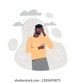 Blamed man concept. Sad man covers his head with his hand from rain. Metaphor of mental health and psychological problems. Frustration and depression, sadness. Cartoon flat vector illustration