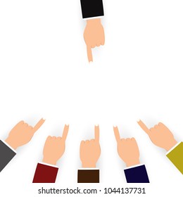 Blaming and confusion for others people concept, finger pointing on white background flat design