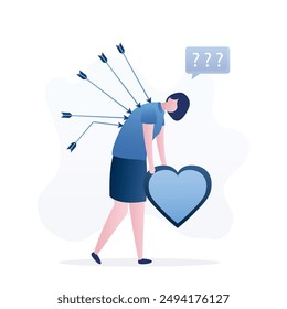 Blaming and social bullying. Frustrated exhausted woman walking with heart and painful arrow bows on back. Family violence, divorce. Business betrayal, pain from failure, anxiety. Bad mood. vector