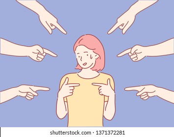 Culpándote. Ansiosa mujer sorprendida siendo juzgada por diferentes personas que la apuntan con el dedo. Ilustraciones de diseño vectorial de estilo dibujado a mano.