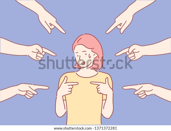 Blaming you. Anxious surprised woman being
judged by different people pointing fingers at her. Hand drawn
style vector design
illustrations.