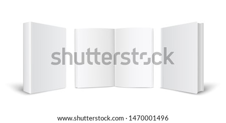 Blanc book or catalog mockup in front and back cover view, also an open page 3d vector illustration isolated on white background. Template to presentation cover design.