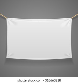 Blanc Fabric Rectangular Banner with Ropes Isolated on Grey Background. Ready Template for Your Logo, Text and Design. Vector illustration