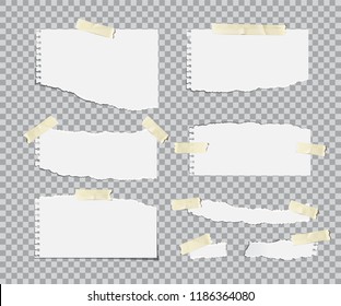 Blanc torn paper sheets with adhesive tapes set. Vector realistic design elements.