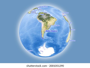 Bahía Blanca-Argentina is shown on vector globe map. The map shows Bahía Blanca-Argentina 's location in the world.