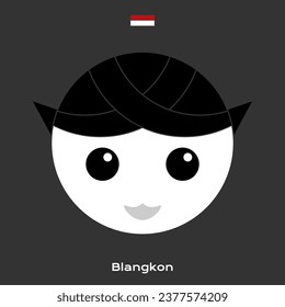 blangkon, simple cute post eps art face grey bw black white head band from solo jogja java diy clan area. old cultural local hat cap headgear icon in child kid boy man fun front emoji flat style