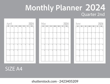 Blank 2nd quarter, monthly planner, set of 3 month of year 2024 start at Sunday without holiday.