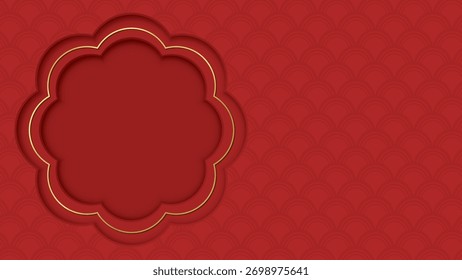 Marco abstracto en blanco de la flor 3D con el estilo dorado del corte del papel de la frontera en fondo rojo. La Plantilla de la tarjeta de felicitación del Año Nuevo chino tiene espacio en blanco.