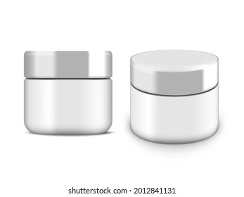 Jar Cosmético 3D En Blanco Con Tapa De Plata En Fondo Blanco. Vector EPS10