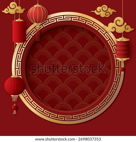 Blank 3D golden circle frame with clouds and paper lanterns Chinese style on red square background. Chinese New Year greeting card template have blank space.