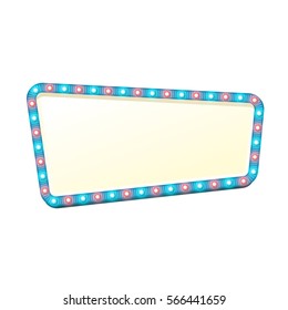 Blank 3d light retro banner with shining bulbs. Blue sign with blue and red lights and blank space for text. Vintage street signboard. Advertising frame with glow. Colorful vector illustration