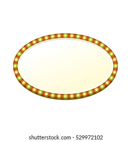 Blank 3d oval retro light banner with shining lights. Red sign with green and yellow bulbs and bright blank space for text. Vintage street signboard. Advertising frame. Colorful vector illustration.