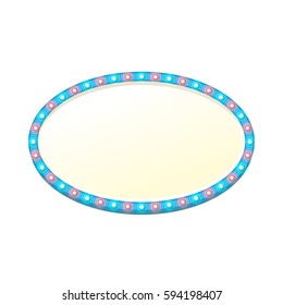 Blank 3d oval retro light banner with shining lights. Blue sign with blue and red bulbs and bright blank space for text. Vintage street signboard. Advertising frame. Colorful vector illustration.