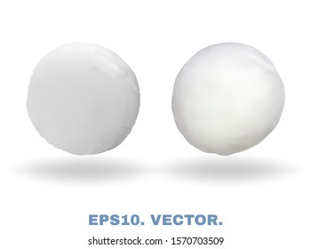 Blank 3d realistic images, round white pillows, isolated on white background. Soft cushions for comfortable dreaming and sweet sleep. Mockups for presentation your products. Vector illustrations kit.