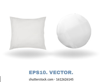 Blank 3D Realistic Images, Round And Square Pillows, Isolated On White Background. Soft Cushions For Comfortable Dreaming, Sweet Sleep. Mockups For Presentation Your Products. Vector Illustrations Kit